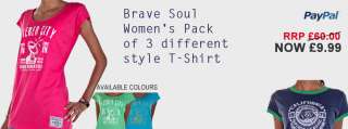 Brave Soul Womens Pack of 3 Different Style T Shirt   9 Colours 