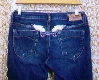 ROBINS JEANS Womens Dark Distressed Wash Silver Wing BARDOT Jeans sz 