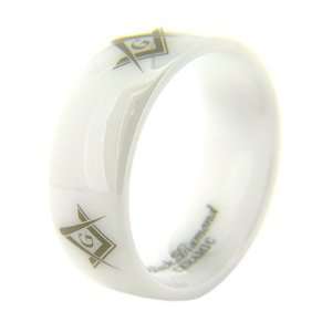   8mm Domed White Ceramic Masonic Ring G Compass & Square Times Four