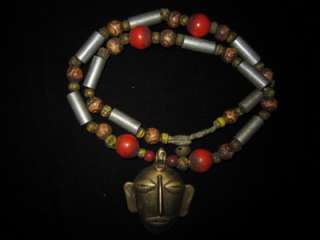 Old Nagaland Metal Wood Glass Bead Pendant Necklace  