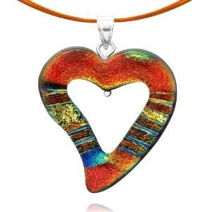  Sterling Silver Dichroic Glass Red, Yellow and Blue Heart 