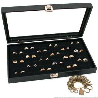 Black Glass Top Jewelry Display 72 Ring Case Box Bonus  