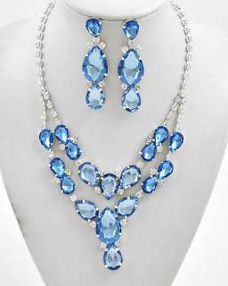 New large Blue clear rhinestone necklace pierced earring set prom 