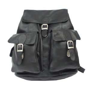  Black Piel Leather Large Buckle Flap Backpack Office 