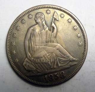 1858 S SEATED HALF DOLLAR XF OBVERSE, REVERSE LOOKS FINE AND LIKE IT 