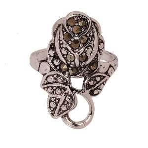   Silvertone Rosebud Fashion Ring Set With Genuine Marcasite Size 6
