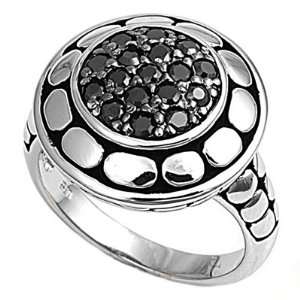   Sterling Silver Pebble Ring woth Black CZ Stones   Size 10: Jewelry