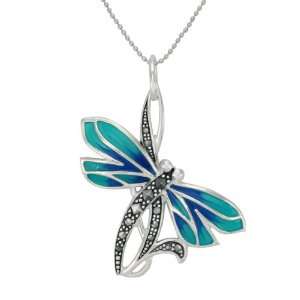   Marcasite Multi Color Epoxy Dragonfly Pendant Necklace, 18 Jewelry