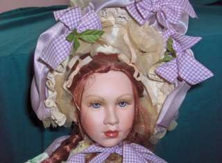   Porcelain Fine Arts Doll Isabella Auburn Hair Lavender Yellow Stand