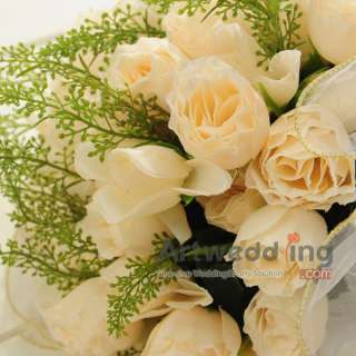 Elegant Roses in Cream Wedding Bouquet with Organza Wrap and Bowknot 