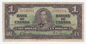 1937 BANK OF CANADA $1 ONE DOLLAR BC 21b NARROW PANEL  