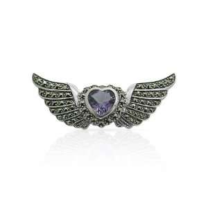   925 Sterling Silver Marcasite & Amethyst Flying Heart Brooch Jewelry