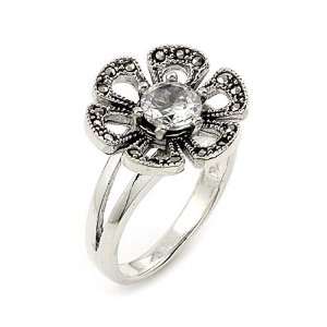  Marcasite And Cz Flower Sterling Silver Ring, Size 6 