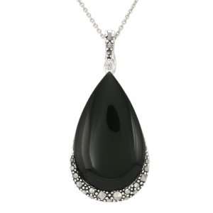   Silver Marcasite Onyx Teardrop Enhancer Pendant Necklace, 18 Jewelry