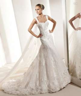 Gorgeous Feather Trimmed Lace Watteau Sweep Train Wedding Dress Bridal 