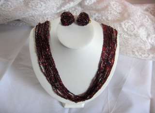 Vintage 1940s 12  Strand Red Glass Bugle Beads Necklace Clip Earrings 