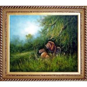 Pair of Lions Resting in Wild Oil Painting, with Exquisite 