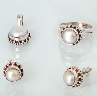 EDWARDIAN WHITE PEARL ROUND 925 STERLING SILVER RING EARRINGS PENDANT 