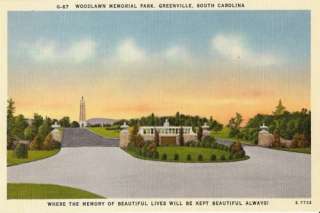 Vintage Postcard Woodlawn Memorial Park, Greenville, SC  