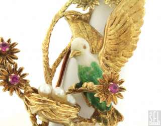   18K GOLD ITALY RUBY/PEARL ENAMEL BIRDS NEST FLOWER BROOCH  