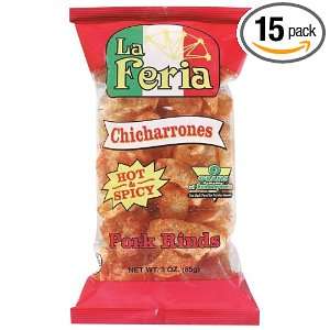 La Fuerza Spicy Pork Rinds, 3 Ounce Bags (Pack of 15)  