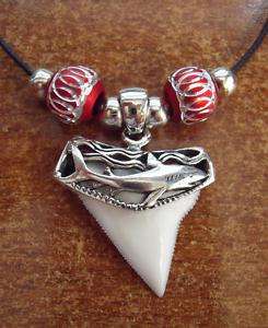 Brite White Shark Tooth Pendant SILVER Necklace RED  