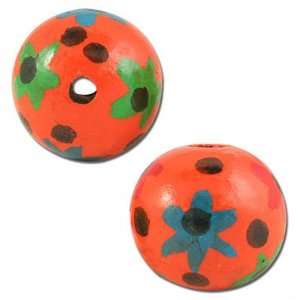  16mm Orange with Blue, Red and Green Flowers Round Wood 