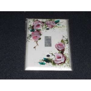 Hand Painted Metal Light Switch Plate Cover   White w/ Pink Roses 
