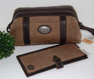   Mens Brown Canvas Framed Shave Toiletry Travel Bag & Passport Wallet