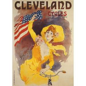 CLEVELAND CYCLES BICYCLE WOMAN AMERICAN FLAG USA SMALL VINTAGE POSTER 