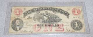 1862 One Dollar $1 Bill Virginia Treasury Note Richmond VA Confederate 