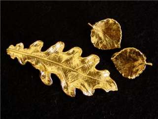 Vtg Gold Dipped Leaf Pin Brooch Aspen Earrings Set  
