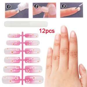  12 Pcs Glittery Plastic 3D Art Fake Finger Nails Pink 