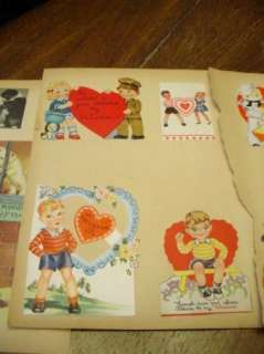 14 VINTAGE VALENTINES CARDS ON SCRAPBOOK PAGES 1 FOLD DOWN COURT SCENE 