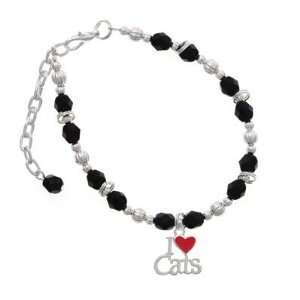 Love Cats with Red Heart Black Czech Glass Beaded Charm Bracelet 