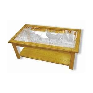 Oak Etched Glass Coffee Table   Standing Guard (Deer 