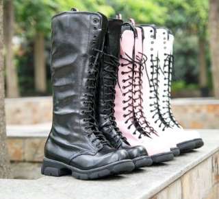 White Lace Up Punk Mid Calf Military Combat Boots #107b  