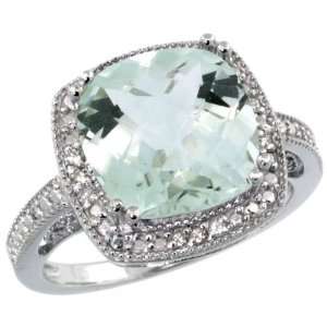 Sterling Silver Vintage Style Square Green Amethyst Stone Ring w/ 0.08 