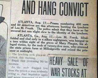 1915 Newspaper LEO FRANK LYNCHING 1st Report Mary Phagan Murder JEWISH 