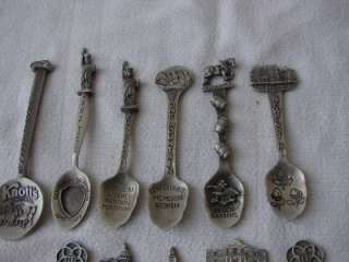 11 PEWTER SOUVENIER SPOONS 1 PEWTER PLAQUE VINTAGE  