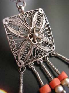 ARABESQUE EARRING ethnic artisan silver fligree uzbek coral pearl hand 