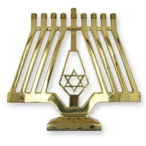 Gold Plated Hanukkah Menorah, Gold Colored With Center Star of David 
