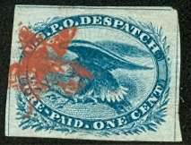 US #LO2 1¢ blue Carrier stamp, bold red star cancel, light horiz 