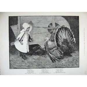   1889 Young Girl Fright Christmas Turkey Bird Barn Art