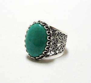 SILVER & GREEN TURQUOISE FILIGREE RING SIZE 6 7 8 9 10  