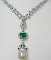 55ct Magnificent Diamond, Emerald & SS Pearl Necklace 14KWG 