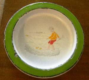 1930s GERMAN Baby Dish Enamel on Tin BOY GOOSE AS IS  