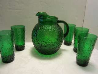 Forest Green Depression Glass Ball Pitcher & 5 tumblers Anchor Hocking 