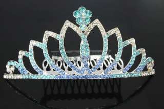 Quinceanera Blue Lotus Flower Tiara Crown Comb Hair Swarovski Crystal 
