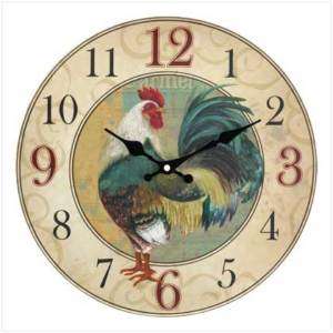 Round Wood Country Rooster Kitchen Wall Clock  